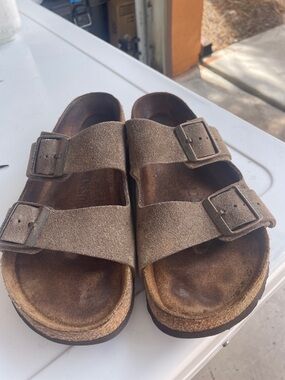 Birkenstocks 38 Brown Double-Buckle Suede Slide Sandals